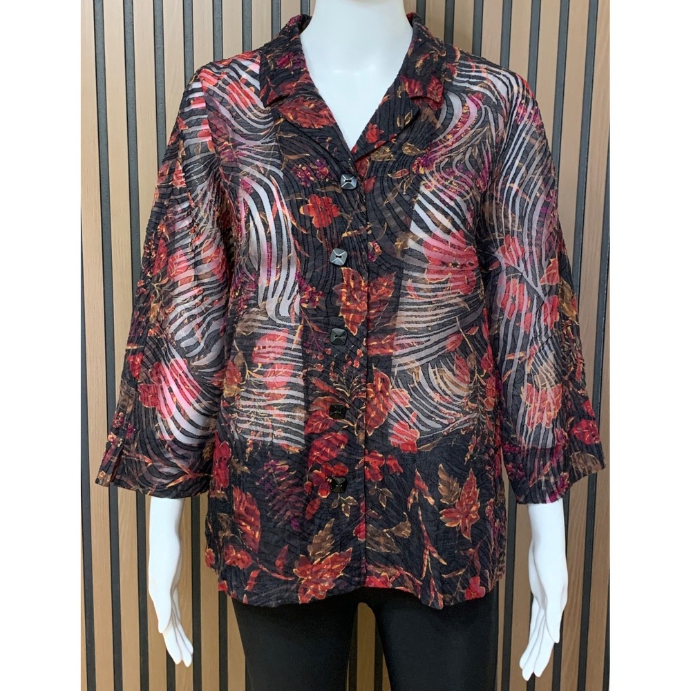 Coldwater Creek Floral Zebra Print Sheer Button Blouse Red Black PL Lagenlook